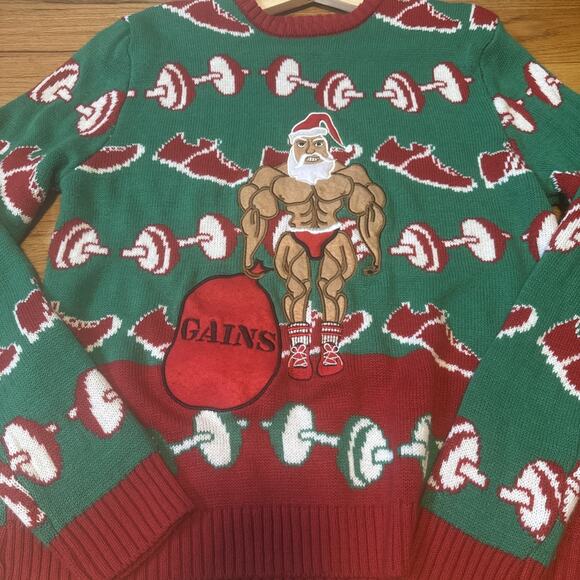 Blizzard Bay Santa Claus Weight Lifting Gains Green Ugly Christmas Sweater Sz L - Picture 2 of 7